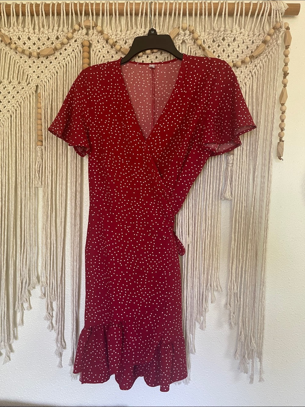 Red Polka Dot Wrap Dress with Ruffle Hem